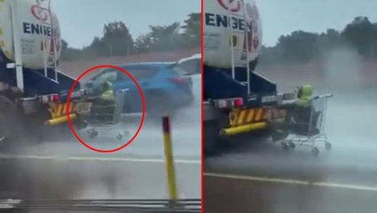 Polis bu çılgını arıyor! Otoyolda market arabasıyla yolculuğun görüntüleri viral oldu