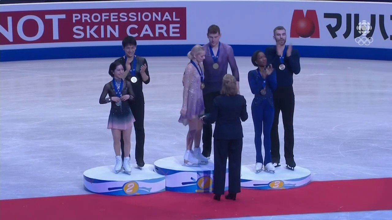 2022 Worlds Pairs Medal Ceremony Clip (Canadian Coverage) 720p - Knierim & Frazier, Miura & Kihara, James & Radford