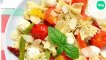 Salade de farfalles au pesto (tomates cerise et poivrons rôtis, tomates séchées et mozzarella)