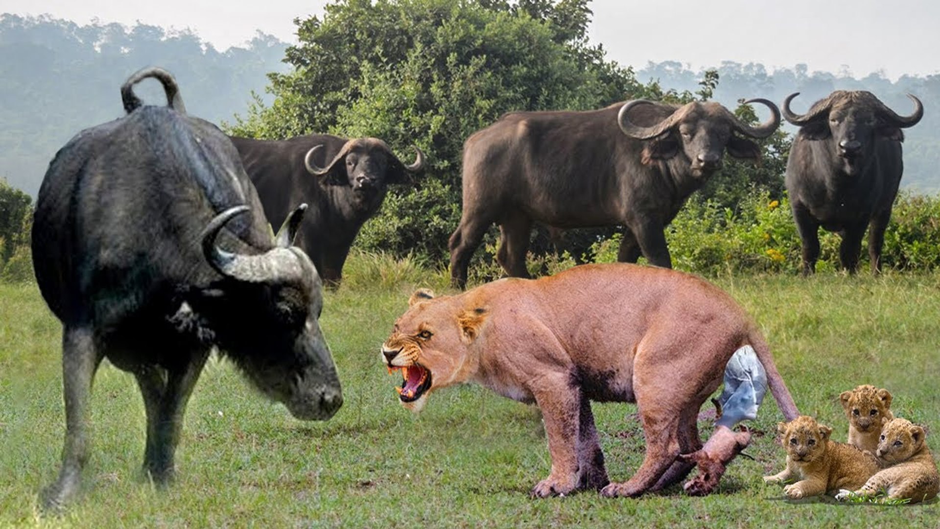 ⁣the female lion took revenge of the buffalo after he  killed her baby lions !!