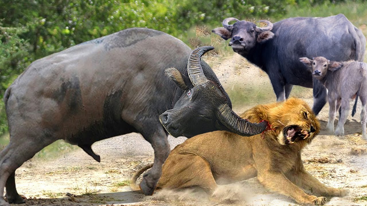 anger of mother buffalo takes the revenge of her baby calf from a lion !