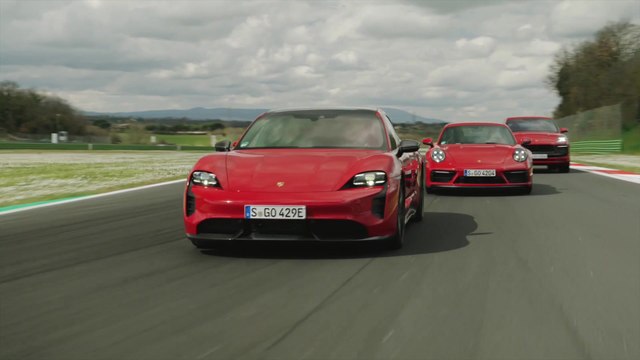 Porsche Taycan GTS Sport Turismo, 911 Carrera GTS, Macan GTS, 718 Boxster GTS 4.0 and Panamera GTS Sport Turismo in Red Track driving