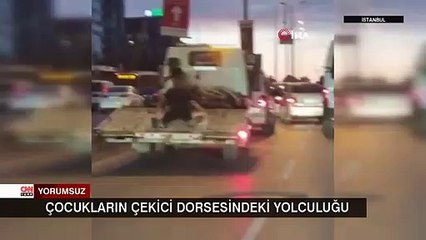 Çocukların çekici dorsesindeki tehlikeli yolculuğu