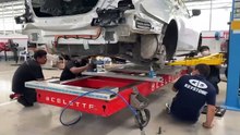 Mercedes-Benz E Class rear accident repair on Celette Sevenne bench with dedicated fixtures