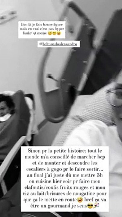 Méliné Ristiguian à la maternité avec son conjoint Alessandro Belmondo, le 10 avril 2022.