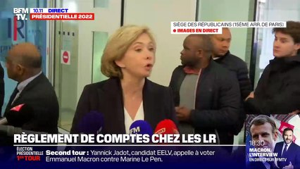 Prise de parole de Valérie Pécresse, candidate LR aux présidentielles, après sa défaite au premier tour du scrutin. Elle n'a pas réussi à dépasser la barre des 5% et sa campagne ne sera donc pas remboursée par l'Etat.