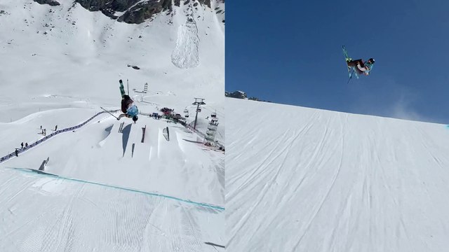 'DOPE follow shot of a fearless skier performing insane aerial maneuvers '