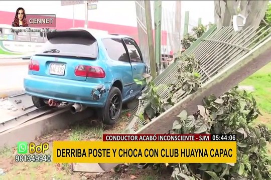 SJM: conductor derriba poste y choca contra rejas del club Huayna Capac
