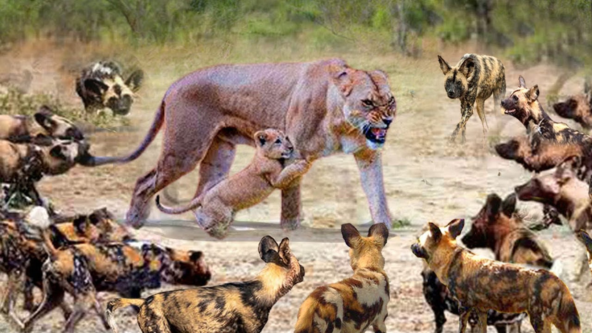 ⁣mamas wild dogs pure instinct , see how they act when a lion attack their babies !