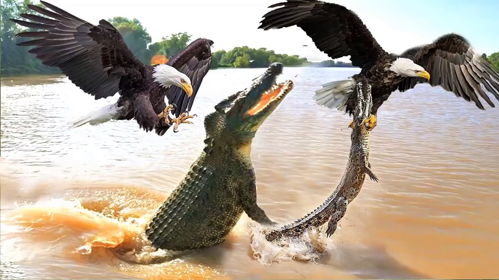 ⁣Eagle VS crocodiles, see mother crocodiles protecting her babies from a king of the sky