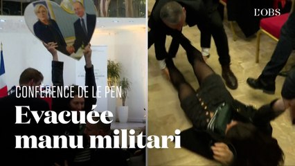 Une militante de gauche traînée au sol lors de la conférence de presse de Marine Le Pen