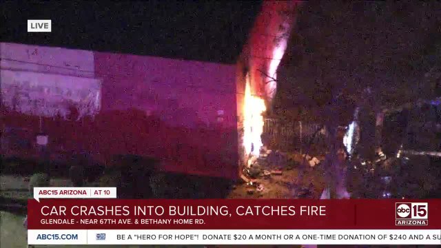 Car crashes into building, ruptured gas line catches fire