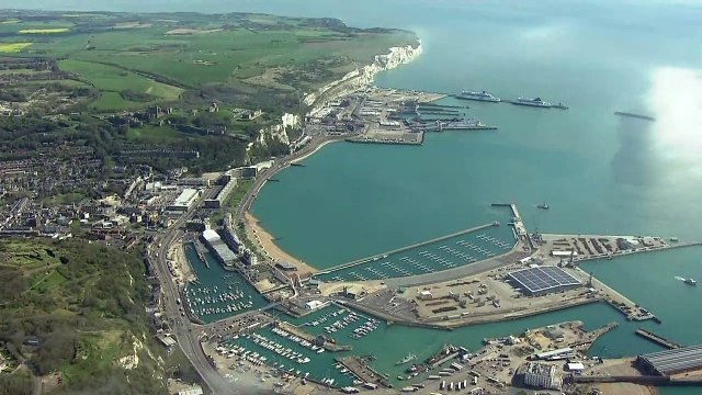 Aerial shots of lorries and ferries at Dover ports