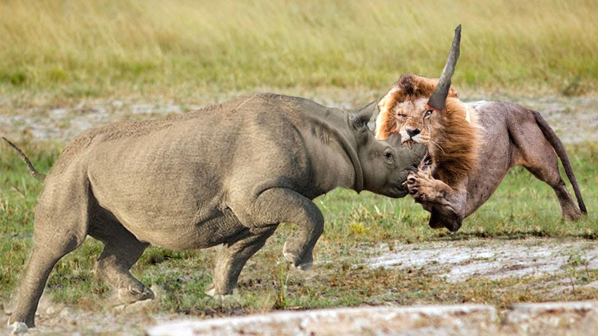 ⁣Rhinoceros VS  lion, see how Anger can turn bloody fight to confirmed death