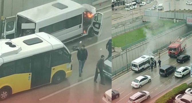 Minibüs alev alev yandı: İşçiler canlarını zor kurtardı