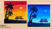 How to draw easy day and night painting__ easy poster painting __ coconut tree drawing