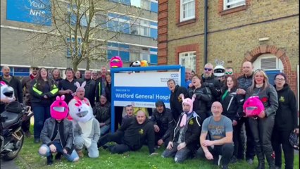 Watch the 'bunnies on bikes' ride drop off Easter eggs to Watford Hospital