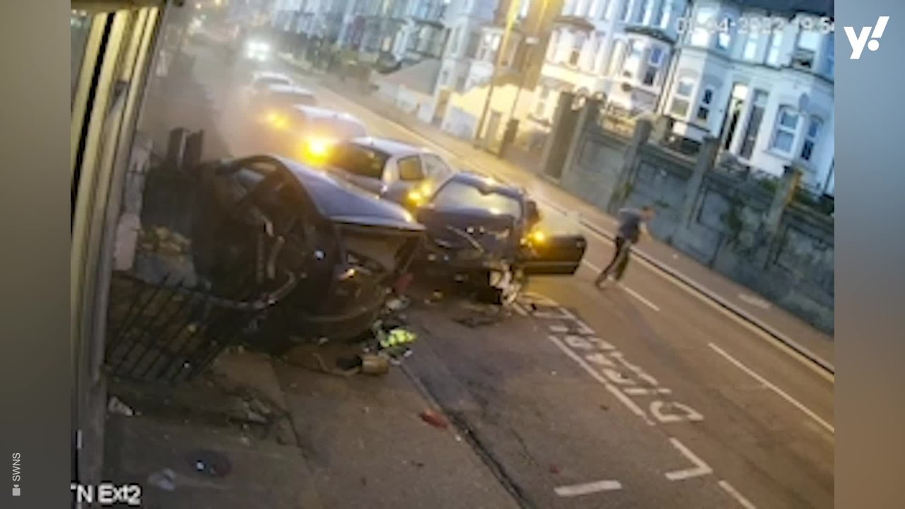 Shocking moment stolen Mercedes ploughs into row of parked cars