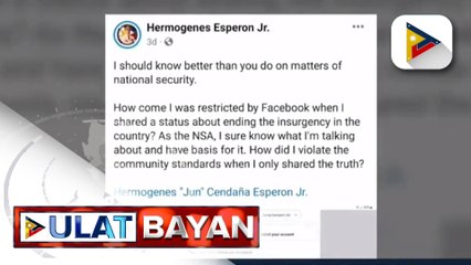 National Security Adviser Sec. Esperon, pumalag sa babalang ibinigay sa kanya ng Facebook