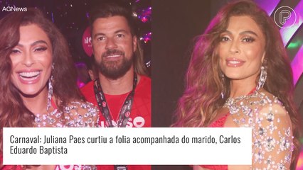 Juliana Paes aposta em top com pedrarias para ver desfiles com marido e explica corpo definido