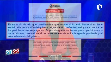 Humberto Acuña sobre Acuerdo Nacional: “No hay seriedad para sentarse en la mesa con el presidente”