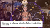 Gabi Martins usa fantasia com brilhos e plumas em desfile e ignora críticas por samba: 'Tive aulas'
