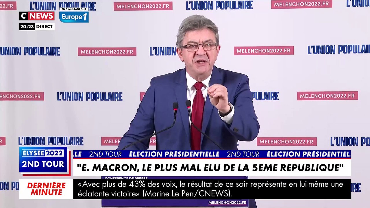 Présidentielle - Regardez Jean-Luc Mélenchon qui prend la parole après l'annonce de la victoire d'Emmanuel Macron : "Emmanuel Macron est le plus mal élu des Présidents de la République avec un choix biaisé"