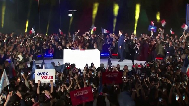 Re-elected French President Emmanuel Macron gives victory speech after defeating Marine Le Pen
