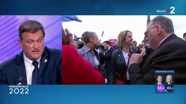 Extrait de la soirée électorale du second tour des présidentielles où l'on peut voir les ministres Barbara Pompili et Joël Giraud faire la danse de la joie après l'annonce des résultats pour Emmanuel Macron, président sortant : 58,2%