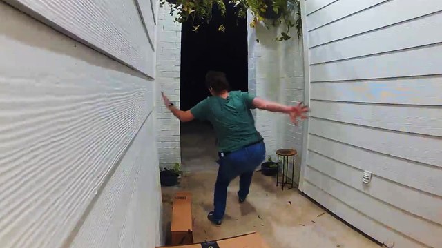 'Doorbell camera catches woman hilariously falling backward after losing grip on planter '