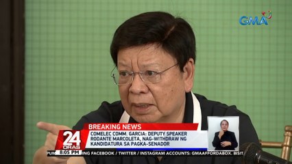 Comelec Comm. Garcia: Deputy Speaker Rodante Marcoleta, nag-withdraw ng kandidatura sa pagka-senador | 24 Oras