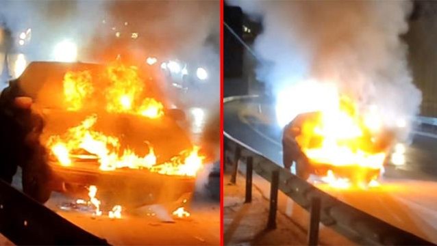 Seyir halinde ilerlerken bir anda alev aldı! Cayır cayır yanan aracın o anları kamerada