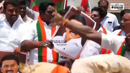 திருச்சியில்  ஸ்டாலின் உருவ பொம்மை எரிப்பு; என்ன காரணம் தெரியுமா?