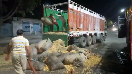 Burning trailor : मूंगफली की बोरियों से भरे ट्रेलर में आग