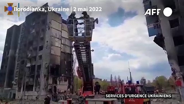 Ukraine: des pompiers sauvent un chat d'un bâtiment détruit