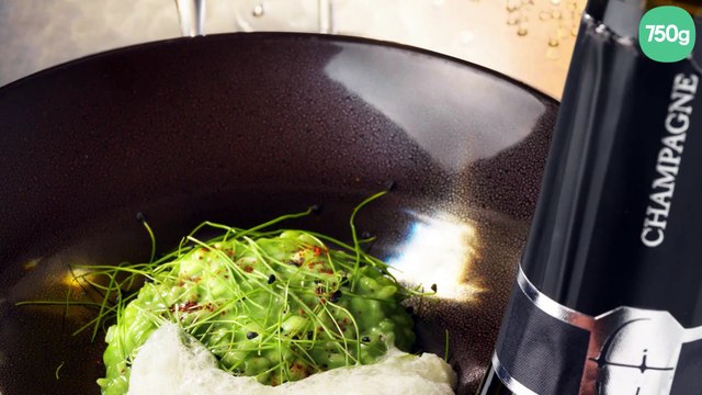 Risotto au vert, emulsion d'huile d'olive au citron avec un champagne de vugneron blanc de blancs
