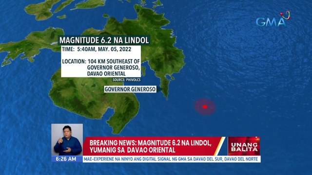Magnitude 6.2 na lindol, yumanig sa Davao Oriental | UB