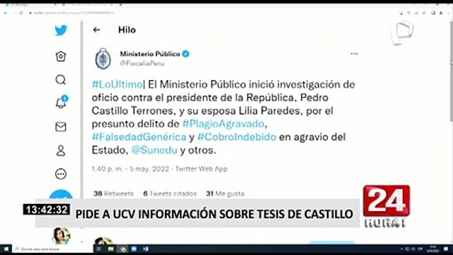 Pedro Castillo: Fiscalía inició investigación contra presidente y su esposa por plagio en su tesis