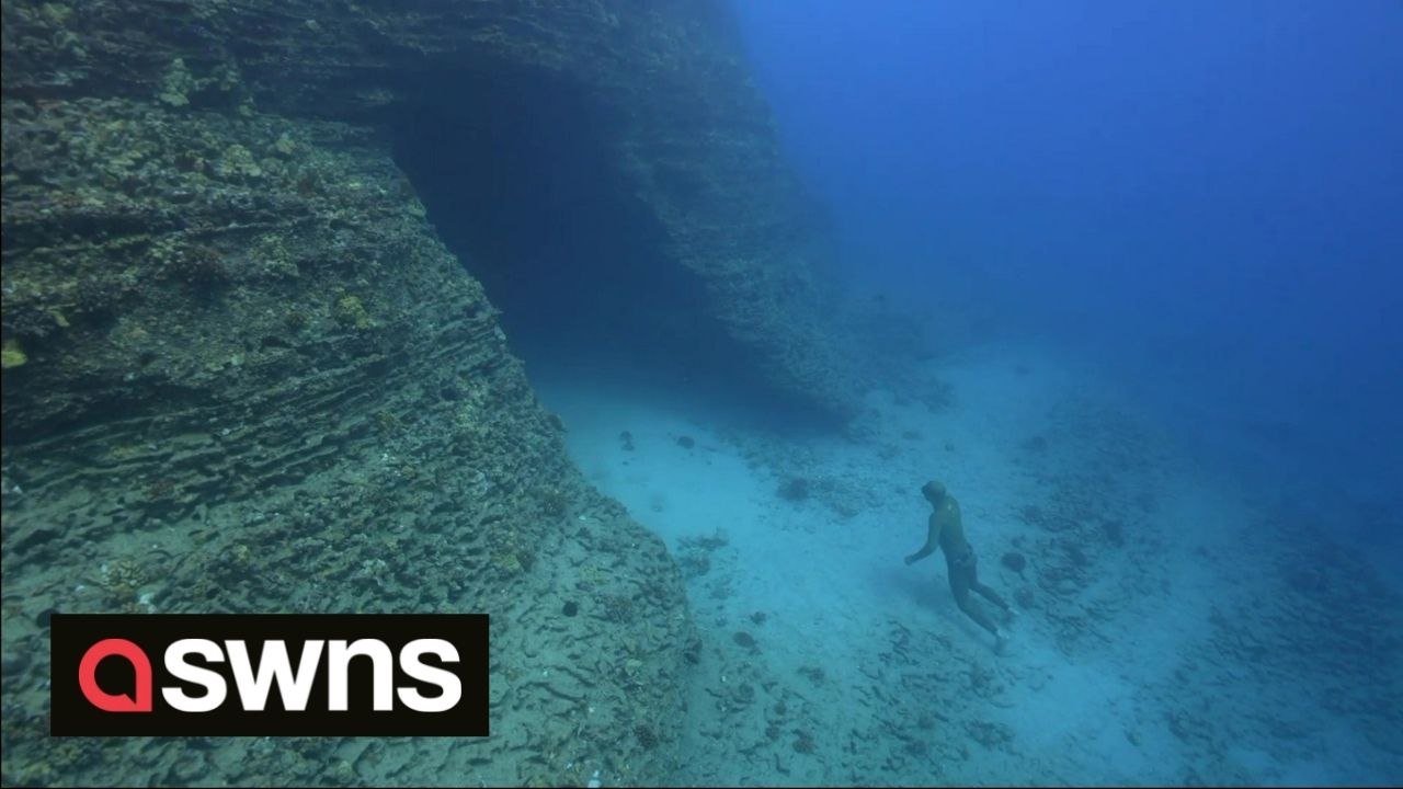 Breath-taking footage shows a freediver exploring the infamous shipwrecks and underwater caves of Hawaii