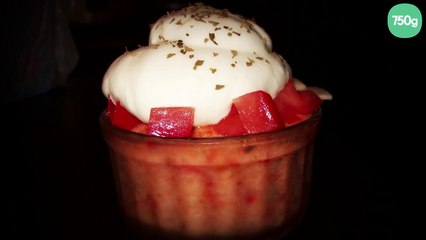 Delicate chantilly d'ail sur mousse de tomate