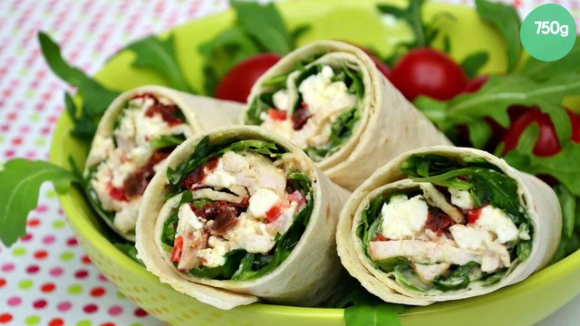 Wraps au poulet sauce moutarde, tomates séchées et feta