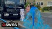 Unique gender reveal sees concrete contractor shoot gallons of blue water from giant pump