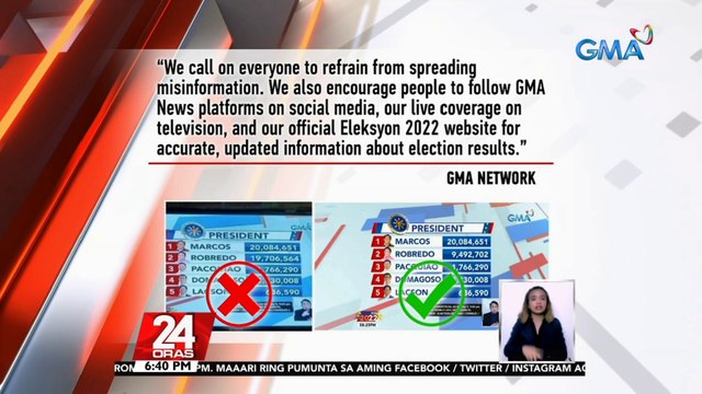 Ang pahayag ng GMA Network Inc., kaugnay sa mga kumakalat na screenshot mula sa eleksyon coverage ng GMA | 24 Oras