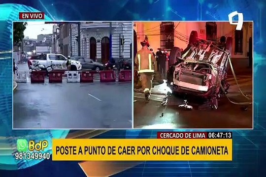 Aparatoso accidente en el Cercado de Lima: auto termina volcado tras chocar contra poste