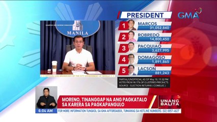 Moreno, tinanggap na ang pagkatalo sa karera sa pagkapangulo | UB