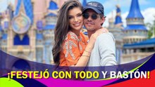 Marc Anthony, con todo y bastón, celebra en Disneylandia el cumpleaños de su novia, Nadia Ferreira