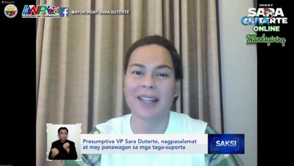 Presumptive VP Sara Duterte, nagpasalamat at may panawagan sa mga tagasuporta | Sak