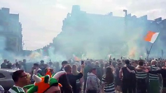 Celtic fans celebrate after the cinch Premiership match at Celtic Park