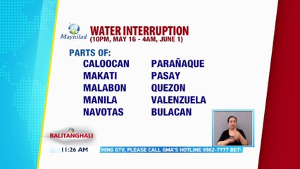 Maynilad water service interruption (10 PM, May 16 - 4 AM, June 1) | BT