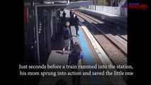 Mother saves baby rolling towards railway tracks